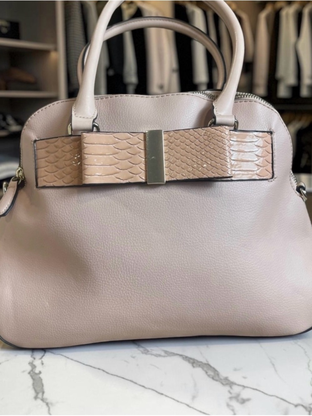 Betsy Johnson, pink bow, satchel handbag, vintage snake skin​​